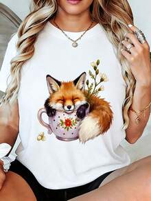 Women's T-Shirt With Red Fox And Purple Flower Print - Soft Short Sleeve Casual Summer T-Shirt, Whimsical Fox And Flower Design, Breathable Women's Top, Perfect Gift For Friends And Family. - 白色 - 查看 12