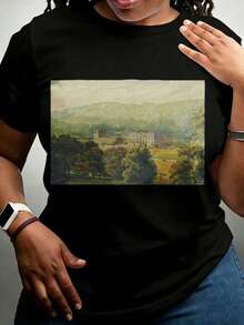 T-Shirt With Artistic Print Of Historic Palace Landscape, Suitable For Casual Sportswear, 220g - Vintage Urban Style, Unisex, Cotton, Short Sleeve, Round Neck, 100% Cotton - 黑色 - 查看 7