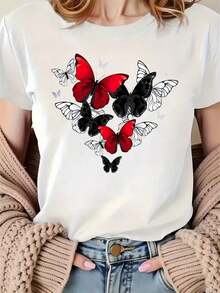 Women's Bohemian Butterfly Heart Design T-Shirt, Fashion Casual Top, Short Sleeve Graphic Tee, Red And White Butterfly Print, Summer Outfit, Easter Outfit, Cotton T-Shirt - 白色 - 查看 4