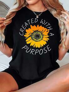2026 Black Short Sleeve T-Shirt With Sunflower Print And Purposeful Design, Casual Clothing, Casual Blouses For Women - 黑色 - 查看 3