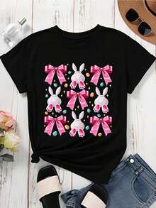Nueva Camiseta de Moda para Mujer con Cuello Redondo, Estilo Casual, con Estampado de Conejo de Pascua con Lazo Rosa y Huevos, Manga Corta, para Primavera y Verano. Diseño versátil y listo para el verano. - Negro - Ver 3