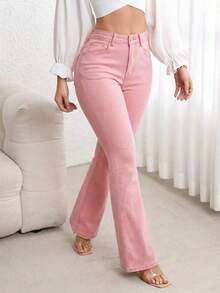 Jeans de mezclilla casual con bolsillo frontal y cierre de botones, para uso diario - Rosa - Ver 5