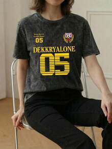 女款 Blockcore 寬鬆版型足球圖案 T-shirt，酸洗炭灰色復古街頭風大尺寸上衣，休閒黑色夏季款 - 黑色 - 查看 7