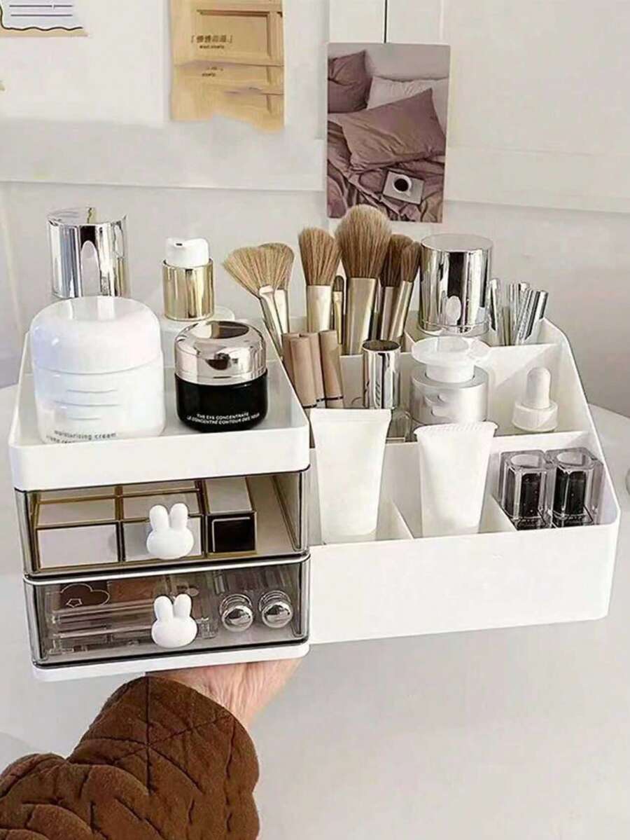 Multifunctional Desktop Storage Box, Can Be Used As Stationery Storage Box, Pen Holder, Cosmetic Display Rack, Makeup Brush Storage Bucket, Skincare Product Storage Box, Suitable For Bathroom, Study, Vanity, Also Can Be Given As A Gift To Mom, Suitable For Beach, Bathroom, Bedroom And Other Places, Large Capacity. - White - View 1
