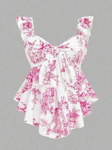 Nuevo top de verano con estampado texturizado, volante en el bajo, lazo decorativo, adecuado para vacaciones, Día de San Valentín, uso diario.Top de lunares para mujer, últimas de verano, nuevos llegados, top sin mangas con volantes para mujer - Rosa Fucsia - Ver 5