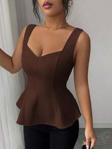 Top de tirantes con cuello de corazón, abertura frontal en la cintura y línea A sin mangas, estilo francés retro elegante para ir al trabajo, negocios, vacaciones, casual, versátil, nueva llegada de primavera/verano - Café integral - Ver 3