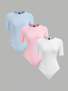 3 piezas Body ajustado de manga corta y cuello redondo de punto de unicolor para mujer - Multicolor 3 - Ver 5