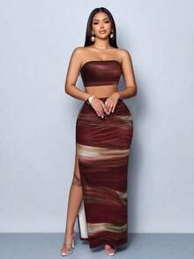 Vestido maxi elegante de fiesta con estampado de rayas abstractas y colores vibrantes, diseño ceñido y sexy, perfecto para salir, fiestas y vacaciones - Multicolor 9 - Ver 5