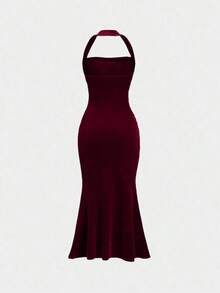 Vestido con cuello de halter y bajo de cola de sirena para mujer, vestido elegante sin espalda con pliegues sin mangas y ajuste ceñido color rosa intenso liso para fiestas y salidas nocturnas, vestido largo de mujer para primavera/verano - Rosa Fucsia - Ver 2
