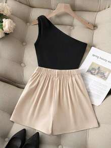 Conjunto de chaleco sin mangas elegante y clásico de mujer con detalles metálicos negros, y falda-pantalón 2 en 1, para primavera/verano - Multicolor - Ver 2