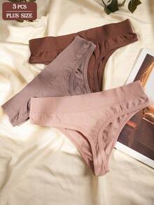 3pcs Plus Size Women's Thong Panties, Comfortable Elastic Breathable Seamless Underwear, Skin-Friendly Sports Panties, Simple Solid Color, Suitable For Daily Wear - Multicolor - View 5