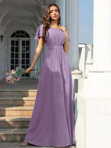 Vestido de dama de honor de gasa con volantes y mangas cortas con volantes, cuello de barco, estilo elegante para boda, color eucalipto - Púrpura polvoriento 2 - Ver 6