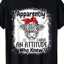 Women's Black T-Shirt With Highland Cow Graphic Print And Funny Slogan, Round Neck, Short Sleeve, Retro Style, Casual, For Everyday Wear, Summer Streetwear, Birthday Gift. - 黑色 - 查看 5