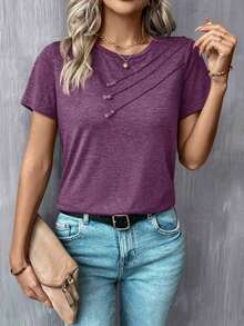 Camiseta casual de mujer con cuello redondo y detalle de botones - Morado - Ver 4