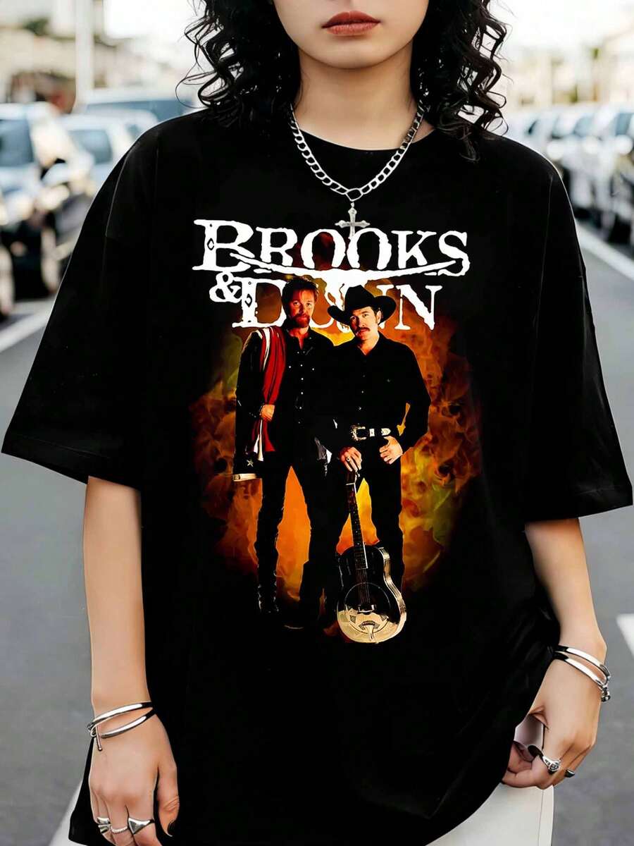 Brookss & Dunn Classic Country Music Duo T-Shirt With Vintage Print - Black - View 1