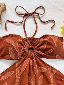 Vestido casual de verano con estampado de flores y mariposas, cuello de cordón y cintura hueca, apropiado para vacaciones, citas, San Valentín, té por la tarde - Marrón - Ver 5