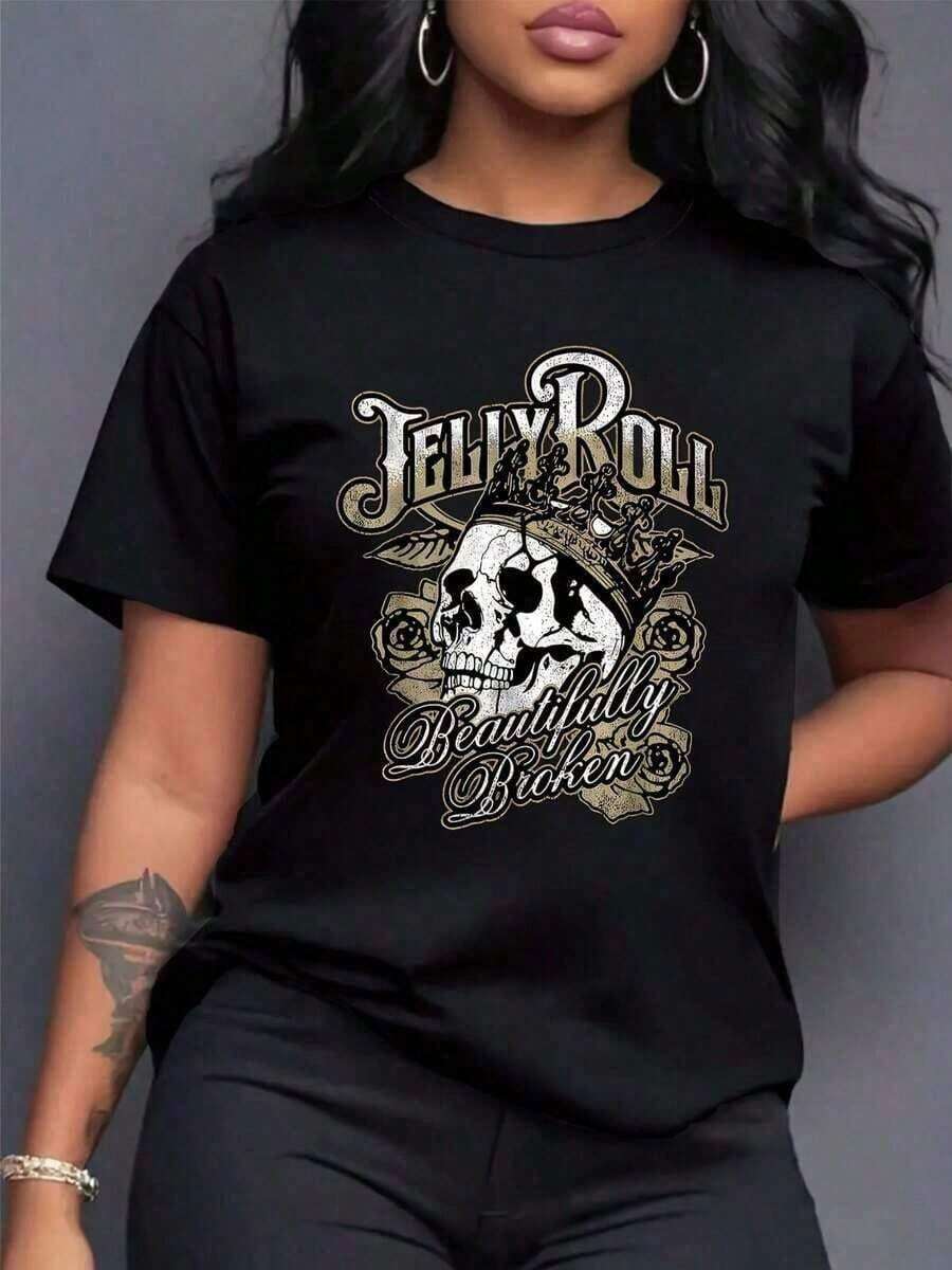 Camiseta de manga corta suave y sencilla para mujer, camiseta retro con estampado de Jelly Roll - Camiseta casual de cuello redondo y manga corta con diseño de calavera y corona, perfecta para primavera y verano. Estampado de letras, top casual diario suave y cómodo. - Negro - Ver 1
