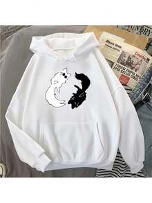 Gojo Geto Cute Cat Print Kangaroo Hoodie, Warm Flannel Hooded Sweatshirt, Unisex - 白色 - 查看 2