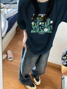 Celebrity Inspired Short Sleeve T-Shirt With Grey Floral Print, Women's Retro American Loose Casual Top - Summer - 海軍藍 - 查看 5