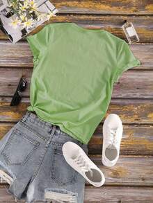 Camiseta Casual de Primavera Verano con Estampado de Letras en Español, Cuello Redondo, Manga Corta, Camiseta Deportiva, Top para Mujeres ZPIM - Verde - Ver 2
