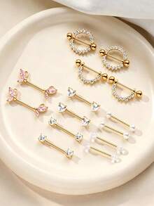 Bộ 7 khuyên ngực 14G – Khuyên thẳng bằng thép không gỉ đính đá CZ, mạ vàng và bạc, hình bướm, trái tim, hình tròn, màu hồng – Trang sức xỏ khuyên ngực dành cho nữ - Nhiều màu - Xem 2