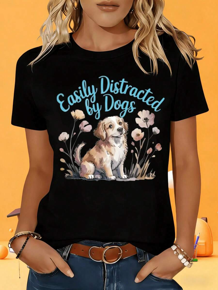 Women's Short-Sleeved T-Shirt In Black And White, Featuring A Floral Design And A Graphic Pet Print, Ideal For Dog Lovers. A Casual Summer T-Shirt, Perfect For Leisure, Vacations, Outdoor Activities, And Parties. Weight: 220 G. - 黑色 - 查看 1