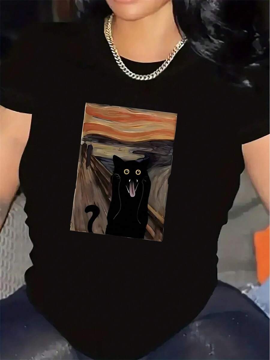 Camiseta de manga corta con estampado artístico de gato chirriante, hecha de tela ligera y duradera, adecuada para uso casual en casa o en restaurantes, cómoda y ajustada para el uso diario. Camiseta de manga corta cómoda y versátil. - Negro - Ver 1