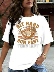Women's Casual T-Shirt, Baseball Graphic Design "Hit Hard Run Fast Turn Left", Short Sleeve, Comfortable For Casual And Elegant Outfits, Lightweight And Breathable, Machine Washable, Regular Fit, Crew Neck, 100% Cotton, Durable - 白色 - 查看 7