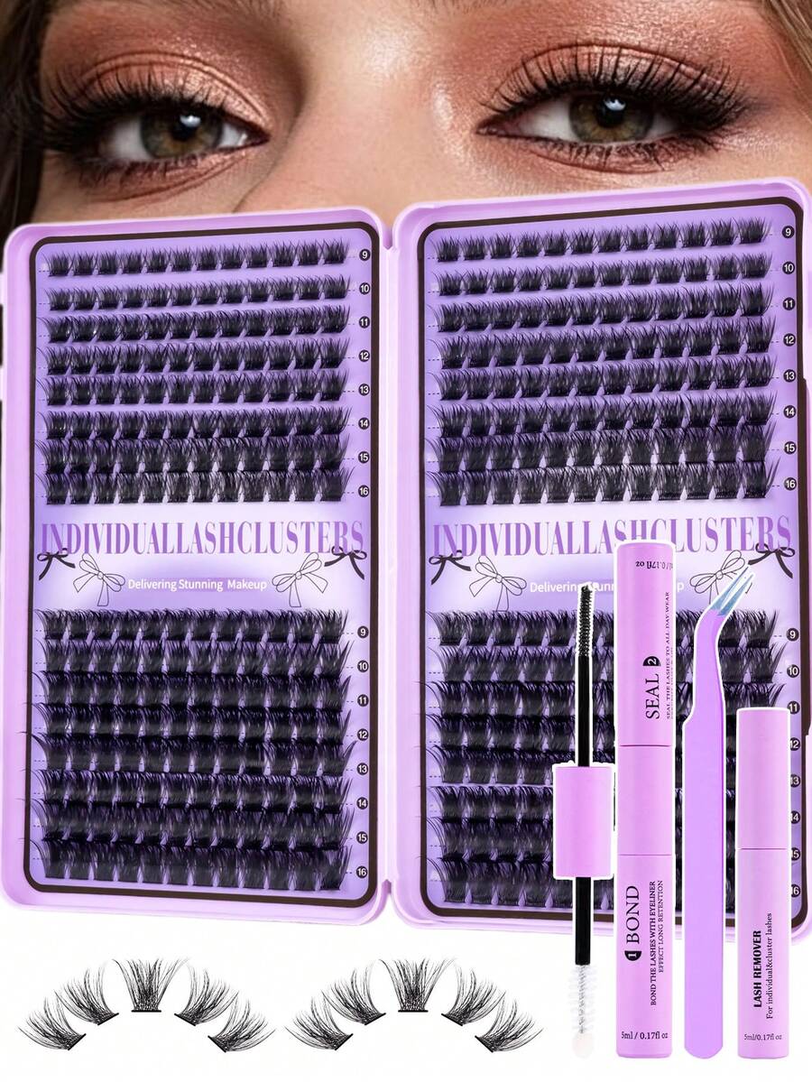 MEM Kit de 384 piezas de pestañas postizas en racimo D Curl esponjosas para principiantes, herramientas completas y tutorial, pestañas 3D naturales reutilizables para maquillaje diario, bodas y fiestas - Negro - Ver 1