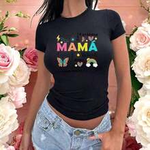 Short-Sleeve Round Neck T-Shirt Blouse For Women, Mom With Affectionate Phrases, Casual And Emotional Clothing For Mother's Day Gift, Casual Blouses For Women, 100% Cotton - 黑色 - 查看 4
