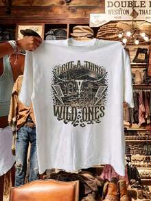 Women's T-Shirts, Western Print T-Shirt, Desert Country Music T-Shirt, Cowboy T-Shirt, Monogram Print T-Shirt, Casual Short Sleeve Crew Neck T-Shirts For Summer And Spring, Women's Blouses - 白色 - 查看 6