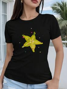 Women's T-Shirt, 100% Cotton, Regular Fit, Short Sleeve - 2D Geometric Star Design With Colorful Gemstone Details, Fallen Angel Text In The Center, Casual Crew Neck, Suitable For All Seasons, Available In Multiple Colors And Sizes, Party Fashion - 黑色 - 查看 1