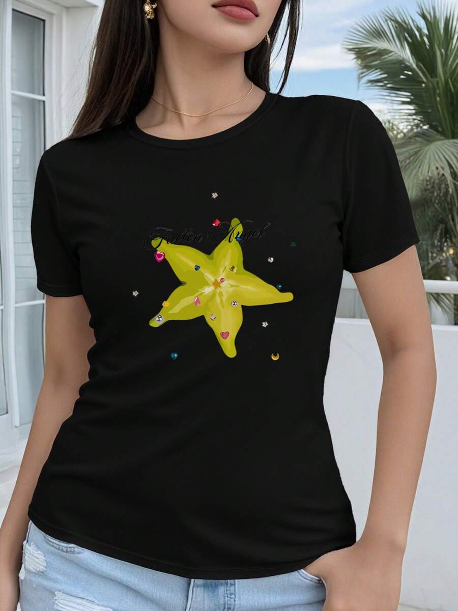 Women's T-Shirt, 100% Cotton, Regular Fit, Short Sleeve - 2D Geometric Star Design With Colorful Gemstone Details, Fallen Angel Text In The Center, Casual Crew Neck, Suitable For All Seasons, Available In Multiple Colors And Sizes, Party Fashion - 黑色 - 查看 1