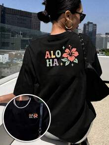 Camiseta de Mujer% Algodón: Imprescindible para el Verano, esta Elegante Camiseta de Manga Corta Presenta Estampados de Inspiración Hawaiana. una camisa casual para mujer cómoda y bien ajustada con un diseño clásico. - Negro - Ver 9
