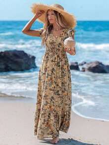 Vestido largo de línea A con mangas de campana, cintura con cordón y dobladillo con volantes, estampado de colocación, vestido de vacaciones informal para mujer - Multicolor 2 - Ver 4