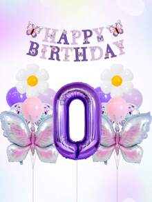 16pcs Butterfly Themed Birthday Balloon Set, 40-Inch Purple 0-9 Number Foil Balloons, Large Butterfly Shaped Balloons, Daisy Balloons, Happy Birthday Backdrop Banner, Dark Purple, Macaron Purple, Pink Latex Balloons, Suitable For Birthday Party, Butterfly Theme Decoration - Butterfly-themed Birthday Set - View 10