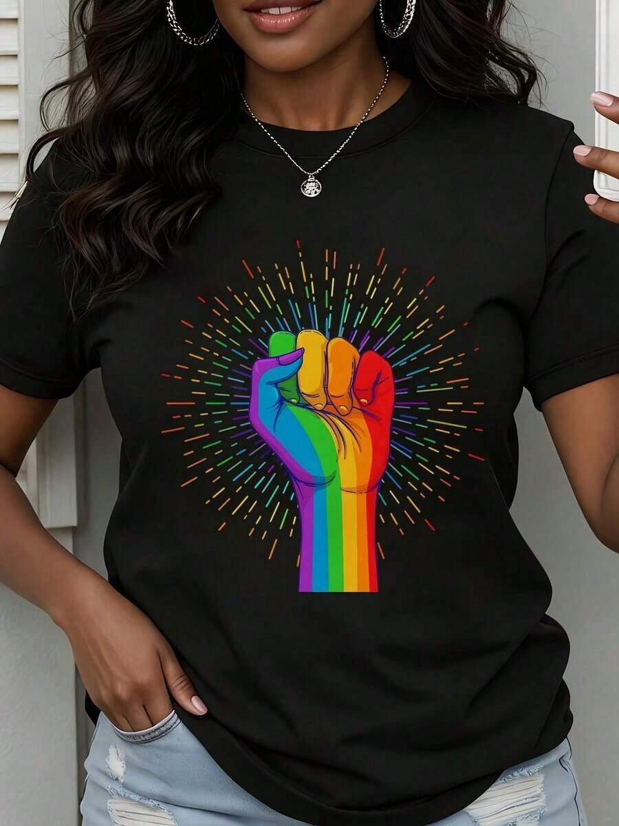 Women's Casual Loose Fit T-Shirt With Rainbow Fist Pride Symbol Graphic Print For Everyday Wear And LGBTQ Events - Black - View 1