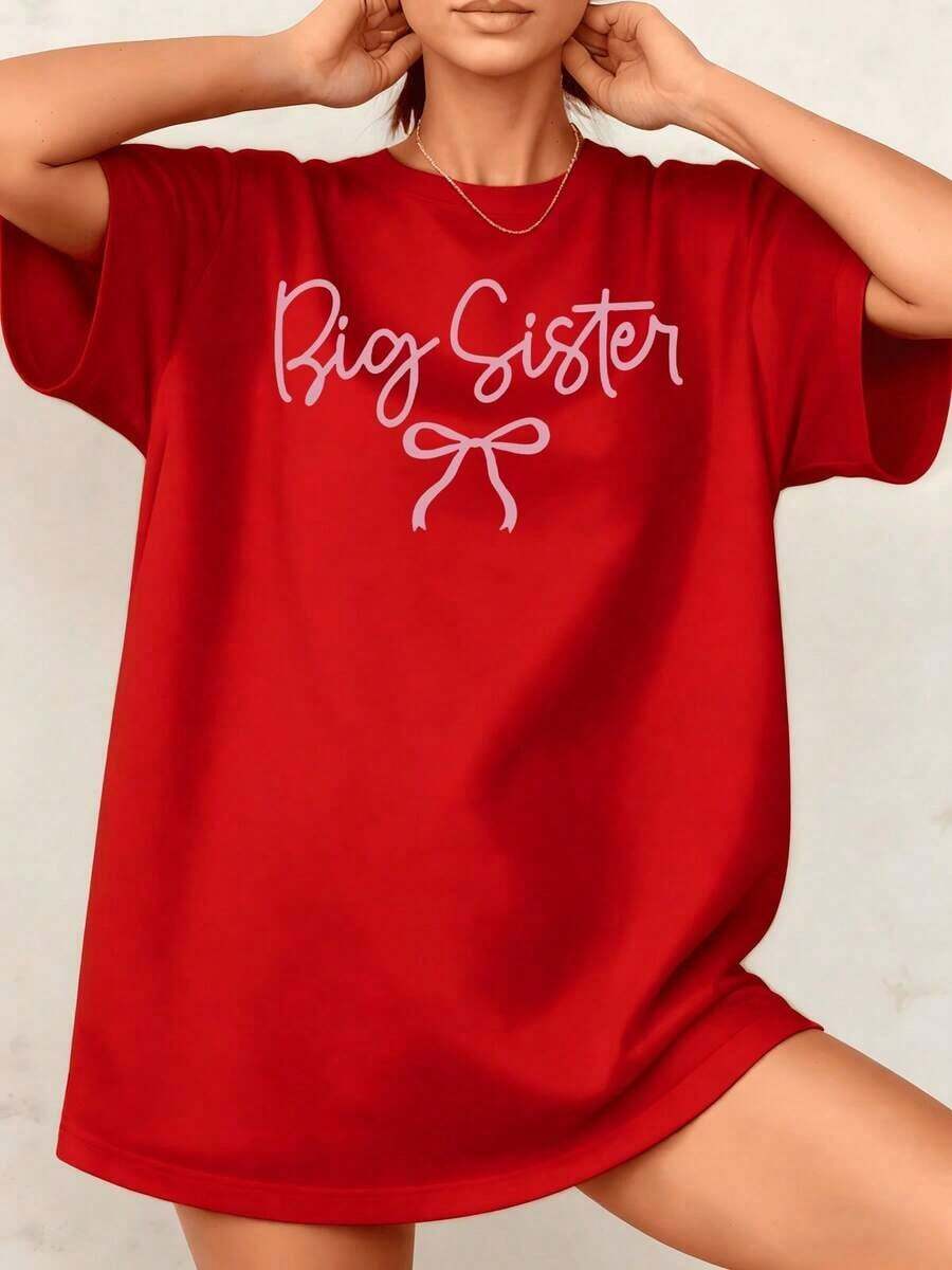 Women's T-Shirt With "Big Sister" Bow Graphic Print For Best Friends, 100% Cotton, Crew Neck, Casual Loose Fit, 1 Piece. Excellent Gifts For Friends And Family, Everyday Wear, Birthday Gift, Sister Gift. - 紅色 - 查看 1