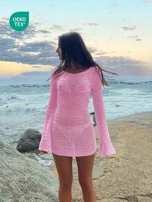 Vestido corto de playa de manga larga, transparente y con espalda descubierta, de unicolor y sexy para mujer, ideal para vacaciones de primavera/verano - Rosa Pálido - Ver 9