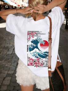 New Casual And Cute Women's T-Shirt, Loose Fit, Round Neck, Short Sleeves. Short-Sleeved T-Shirt With A Round Neck And A Tokyo Island Sunset Wave Print. High-End Urban Wear, Vacation Style, Loose And Comfortable, Versatile Short-Sleeved T-Shirt For Summer - 布蘭克 - 查看 4