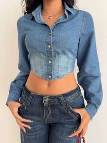 Chaqueta de jean corta para mujer, chaqueta casual azul de manga larga ajustada - Azul - Ver 5