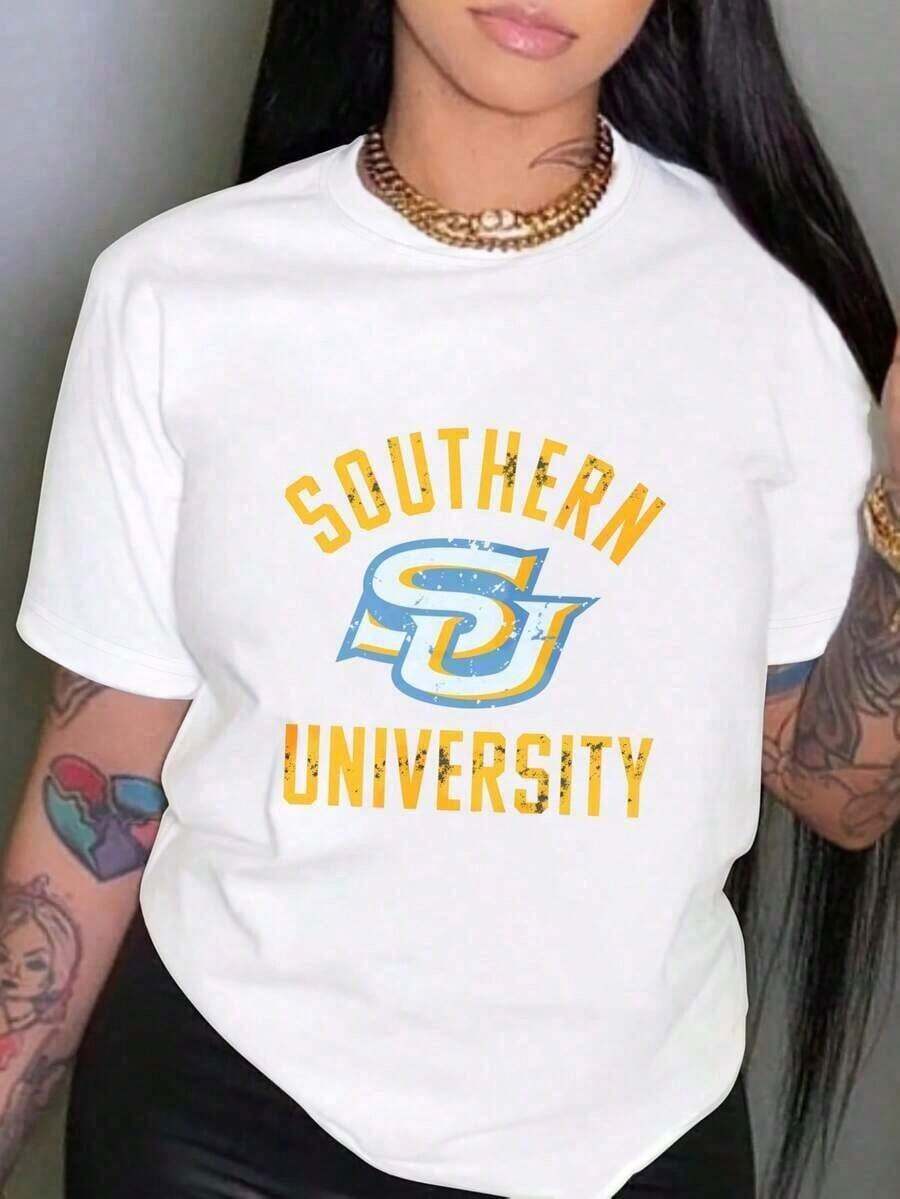 Heavyweight Wo's Oversized Crew Neck Cotton Graphic Print T-Shirt, Southern University Logo Print, Casual Wear, Loose Fit Short Sleeve T-Shirts For Spring, Fashionable Summer Basic T-Shirts, Fun Clothing With Black And White Options, Party Gift, Women's Hit. - 白色 - 查看 1