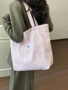 Cherry Print Simple Bucket Large Shoulder Tote Bag Student Girl Shoulder School Bag - Baby Pink - View 5