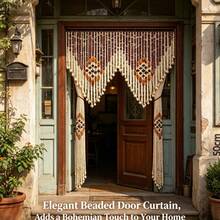 Bohemian Style Natural Wood Short Beaded Curtain, Natural Wooden Material, Contrast Beaded Design, Home Entrance Hallway Privacy Screen Divider Curtain - Multicolor - View 2
