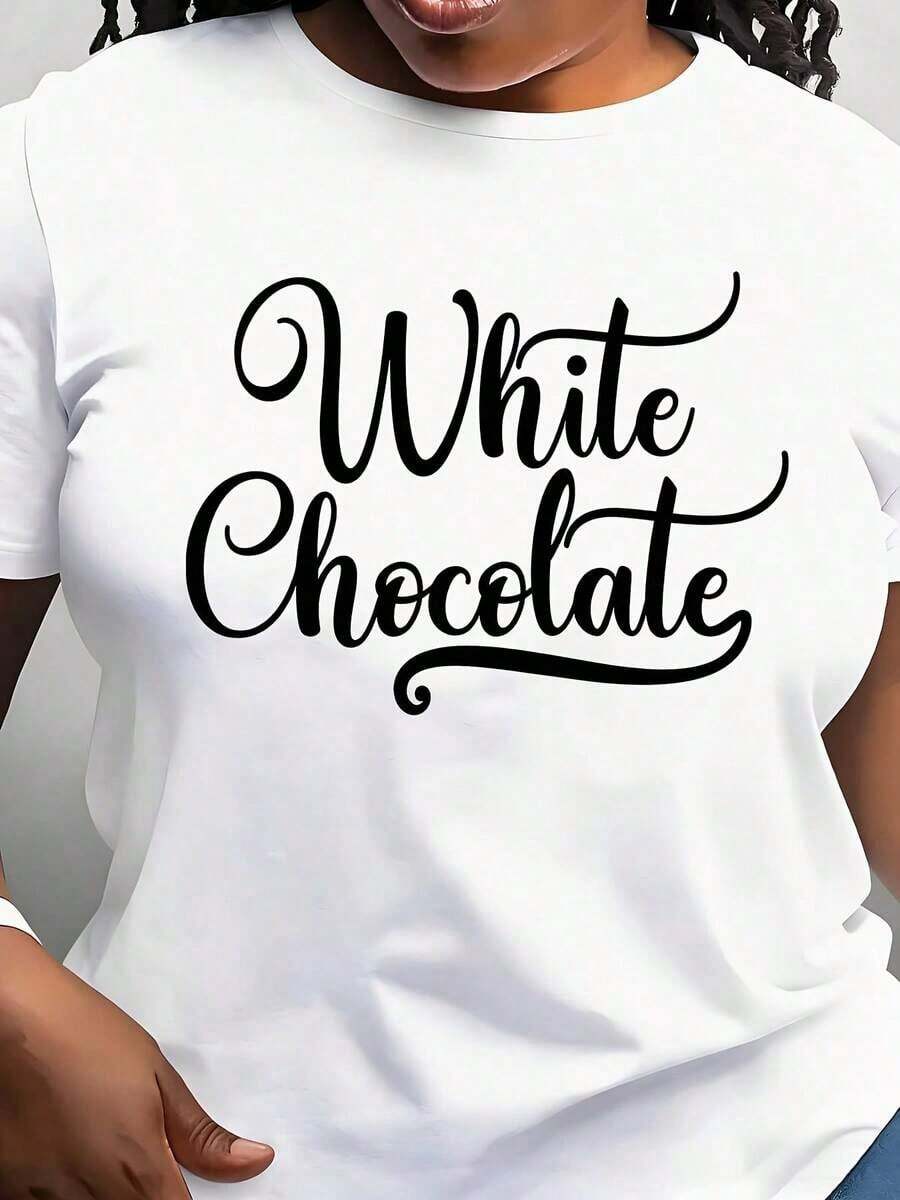 Modern Minimalist Chocolate White T-Shirt For Women, Casual Short Sleeve T-Shirt For Daily Outdoor Wear, Suitable For Any Occasion, Perfect As A Birthday Gift, Casual Wear In All Seasons. - 白色 - 查看 1