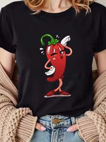 Women's Pepper Print T-Shirt - Casual Round Neck Blouse Suitable For Parties, Role-Playing, And Casual Wear - Soft, Comfortable, And Stretchy Costume (Machine Washable) Casual Blouses For Ladies - 黑色 - 查看 1