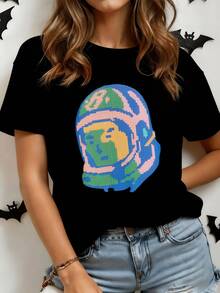 Multicolored Astronaut Figure Representing Human Curiosity And Exploration Of The Universe With Vibrant Colors And Modern Style. Comfortable Casual Women's T-Shirt For Everyday Wear. - 黑色 - 查看 8