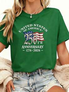 Soft T-Shirt With American Flag For The 250th Anniversary And Light Blue Denim Shorts - Celebrating 250 Years Of Independence, Soft Crew Neck Casual Shorts Suitable For Men And Women, Outfit For 4th Of July, Machine Washable, Women's Short Sleeve Crew Neck Graphic T-Shirt, Casual Tops For Daily Wear, Outfit Pattern For St. Patrick's Day And Easter Holidays. - 綠色 - 查看 7