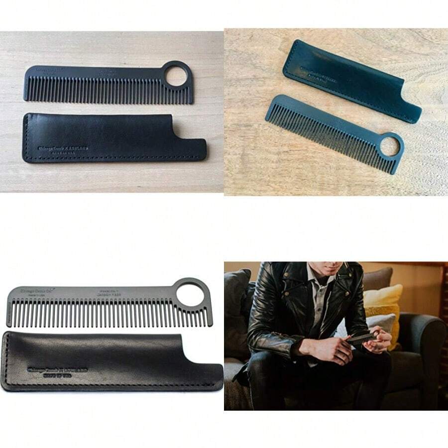 Chicago Comb Model 1 Carbon Fiber Comb + Dublin Black Horween leather sheath Made in USA ultimate pocket and travel comb ultra smooth strong and light anti-static premium American leather sheath - Negro - Ver 1