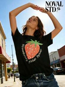 1 Piece Of White Short-Sleeved T-Shirt With Round Neck, Casual Holiday Style, Loose And Multifunctional, With Beatles Strawberry Field Forever Print For Women, Ideal For Everyday Wear. 180g 100% Cotton. - 黑色 - 查看 11
